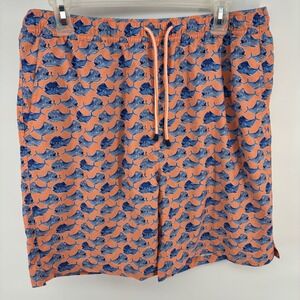Peter Millar Seaside Swim Trunks Mens L Orange Blue Mahi Mahi Fish Print